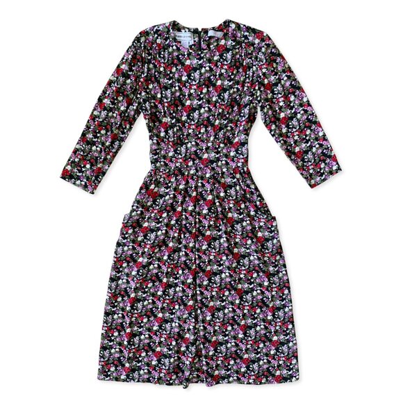 Vintage Floral Midi Dress - Black and Pink - Picture 9 of 15